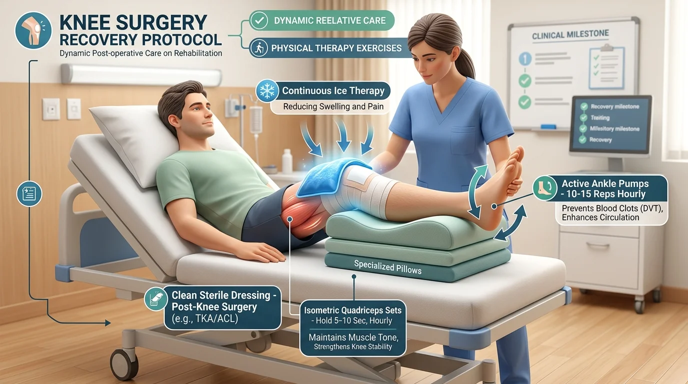 Chăm sóc sau mổ xương khớp kê cao chân chườm lạnh và bài tập bơm cổ chân