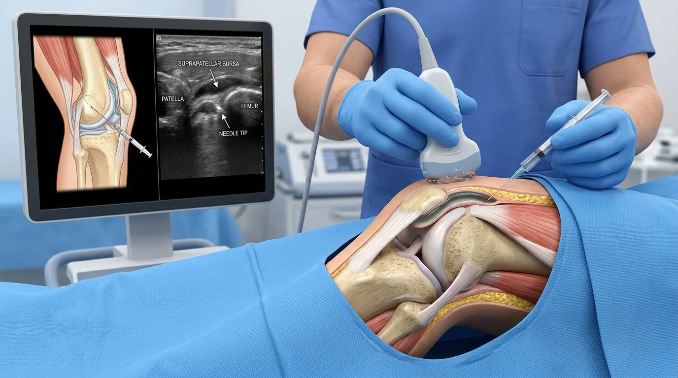 Bác sĩ sử dụng đầu dò siêu âm định vị mũi kim tiêm khớp gối